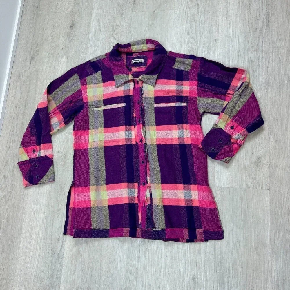 Free People So Long Summer Plaid Flannel Button Down Size Small Pink Purple‎ NEW